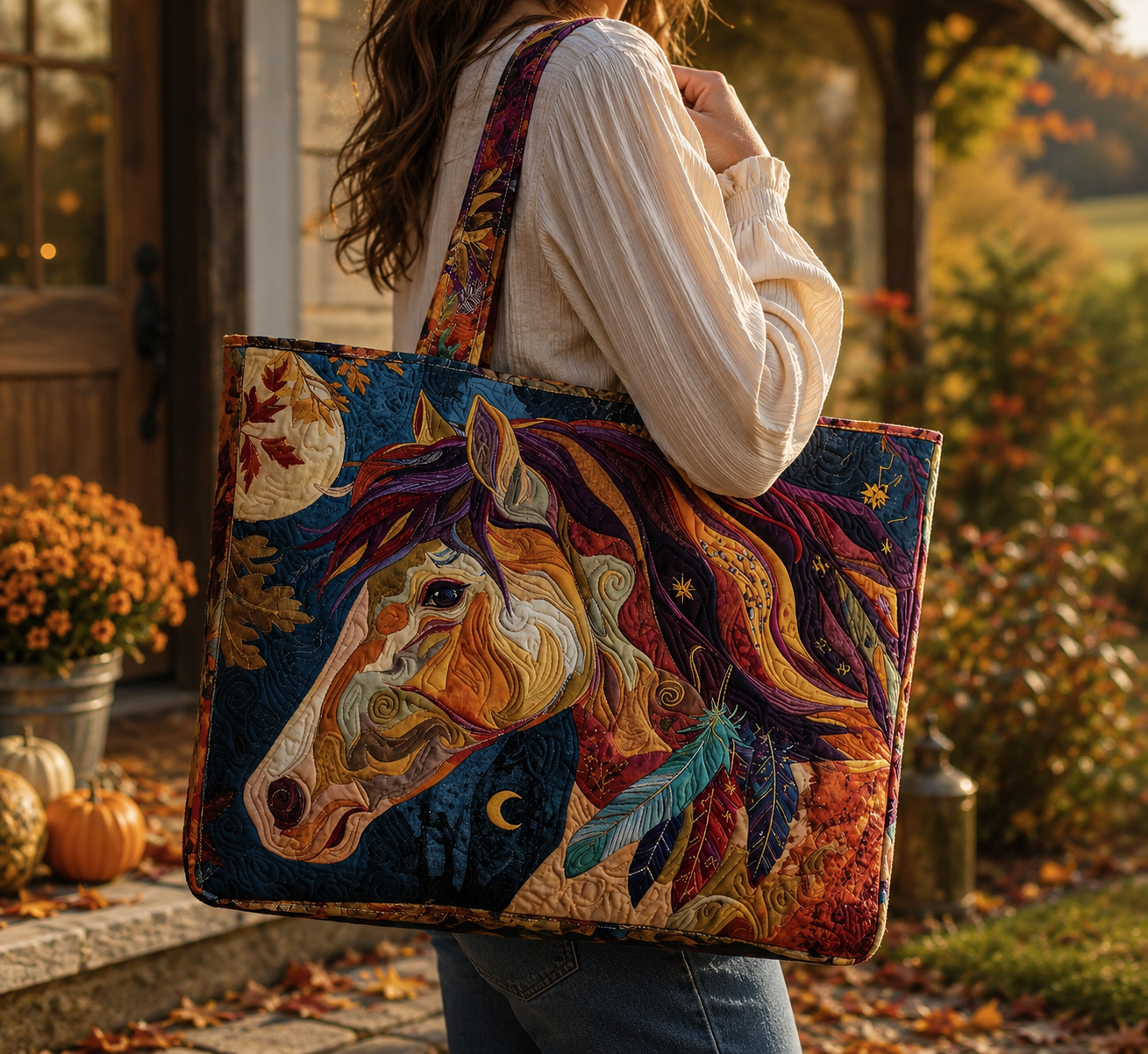 Mystical Horse Quilted Tote Bag – Artistic Embroidered Horse Carryall