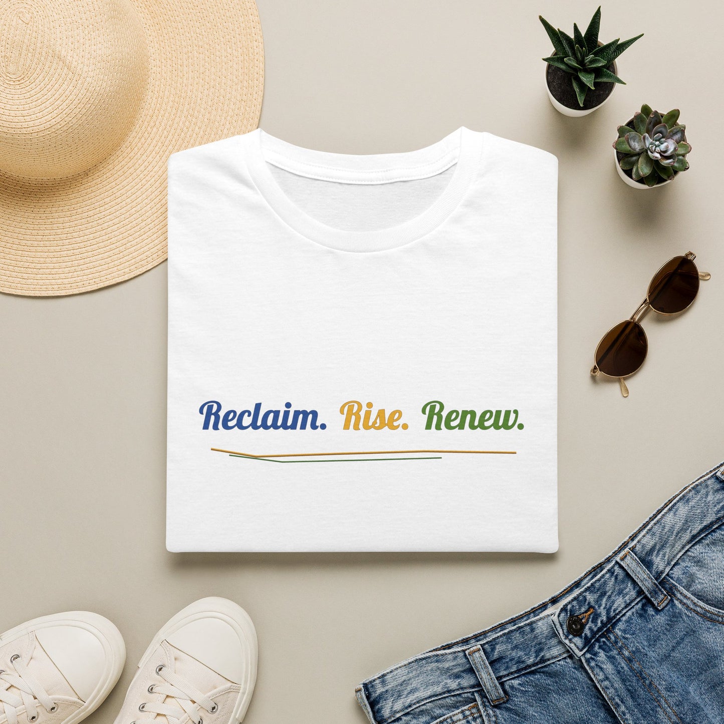 T-Shirt — "Reclaim. Rise. Renew." Inspirational Rainbow Graphic