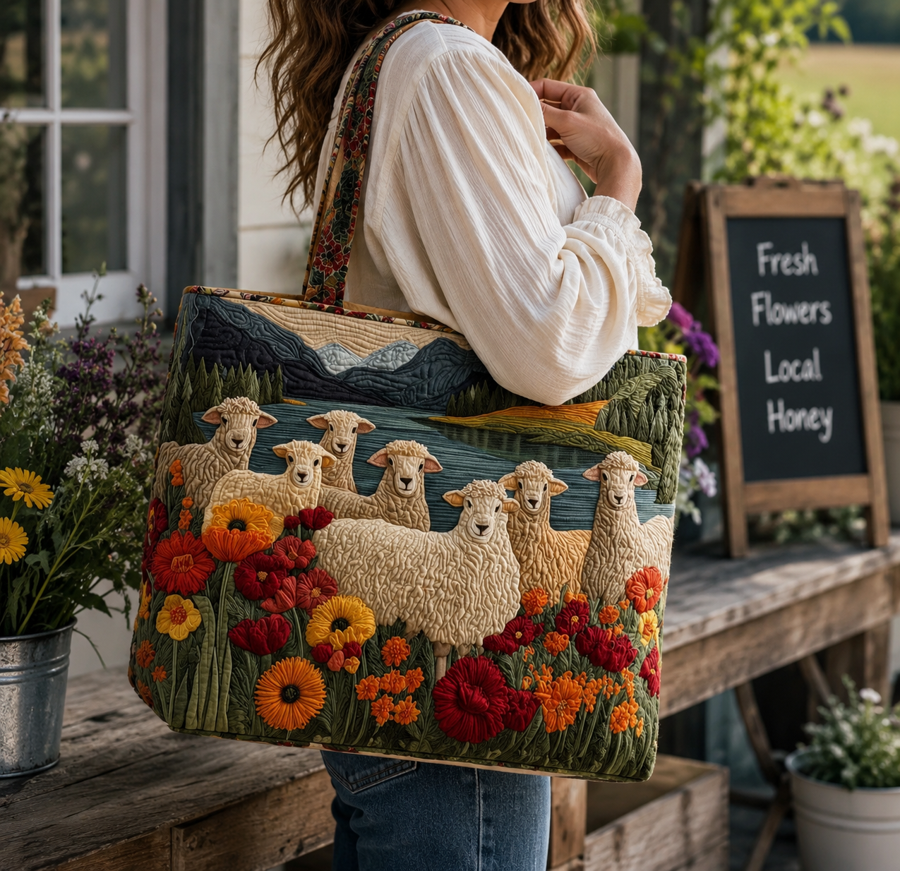 Sheep Meadow Quilted Tote Bag – Floral Countryside Embroidered Carryall