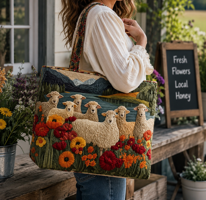 Sheep Meadow Quilted Tote Bag – Floral Countryside Embroidered Carryall