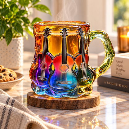 Colorful Guitar Glass Mug – Artistic Music Lover Coffee Cup
