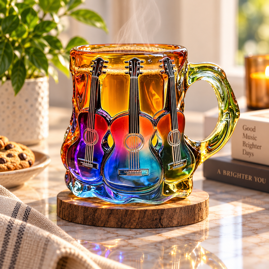 Colorful Guitar Glass Mug – Artistic Music Lover Coffee Cup