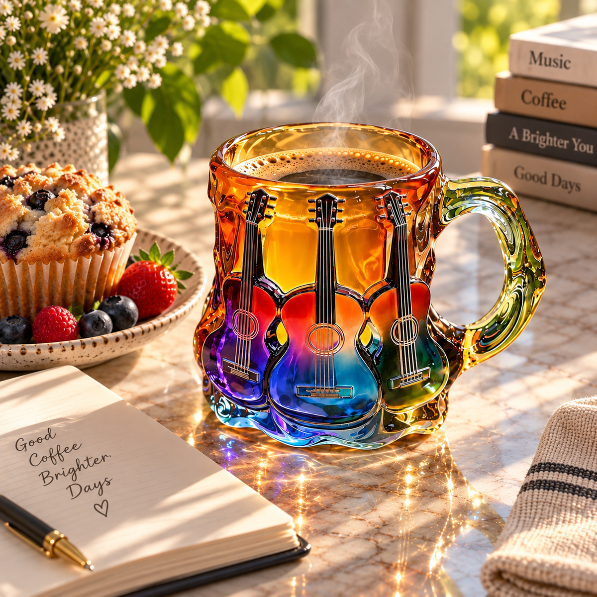 Colorful Guitar Glass Mug – Artistic Music Lover Coffee Cup