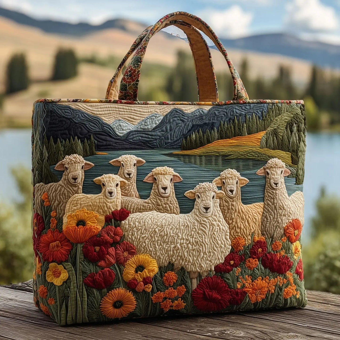Sheep Meadow Quilted Tote Bag – Floral Countryside Embroidered Carryall