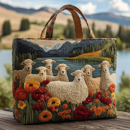 Sheep Meadow Quilted Tote Bag – Floral Countryside Embroidered Carryall