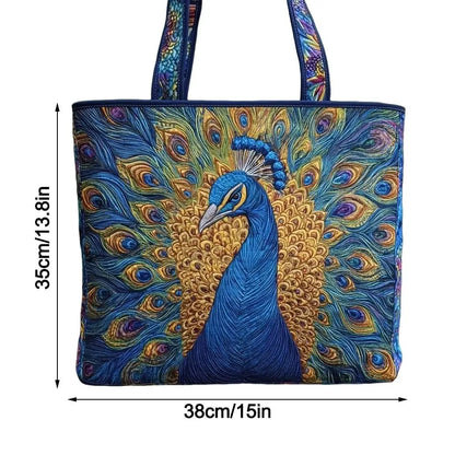 Peacock Embroidered Tote Bag – Colorful Peacock Feather Carryall