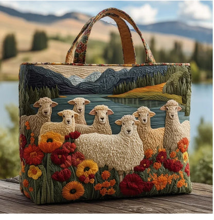 Sheep Meadow Quilted Tote Bag – Floral Countryside Embroidered Carryall